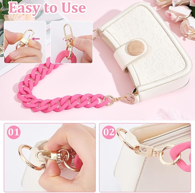 Pink Acrylic Purse Chain Strap, Short Replacement Handle Chain with Metal Clasps, Fashion Decorative Shoulder Strap