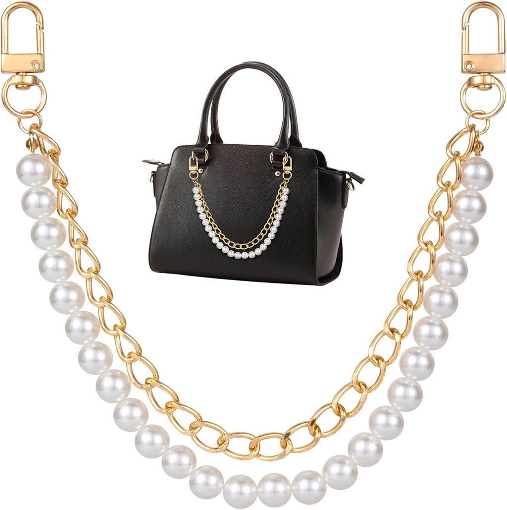 Double Layer Pearl and Metal Chain Purse Strap, Elegant Replacement Handle Chain for Handbags and Shoulder Bags