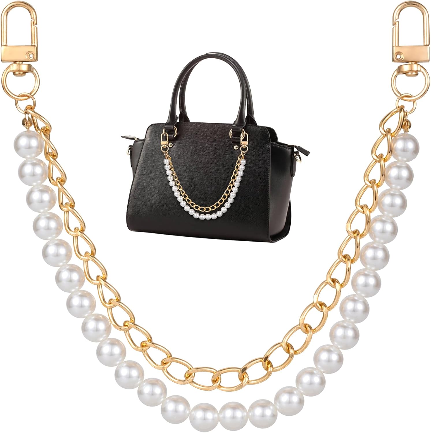 Double Layer Pearl and Metal Chain Purse Strap, Elegant Replacement Handle Chain for Handbags and Shoulder Bags