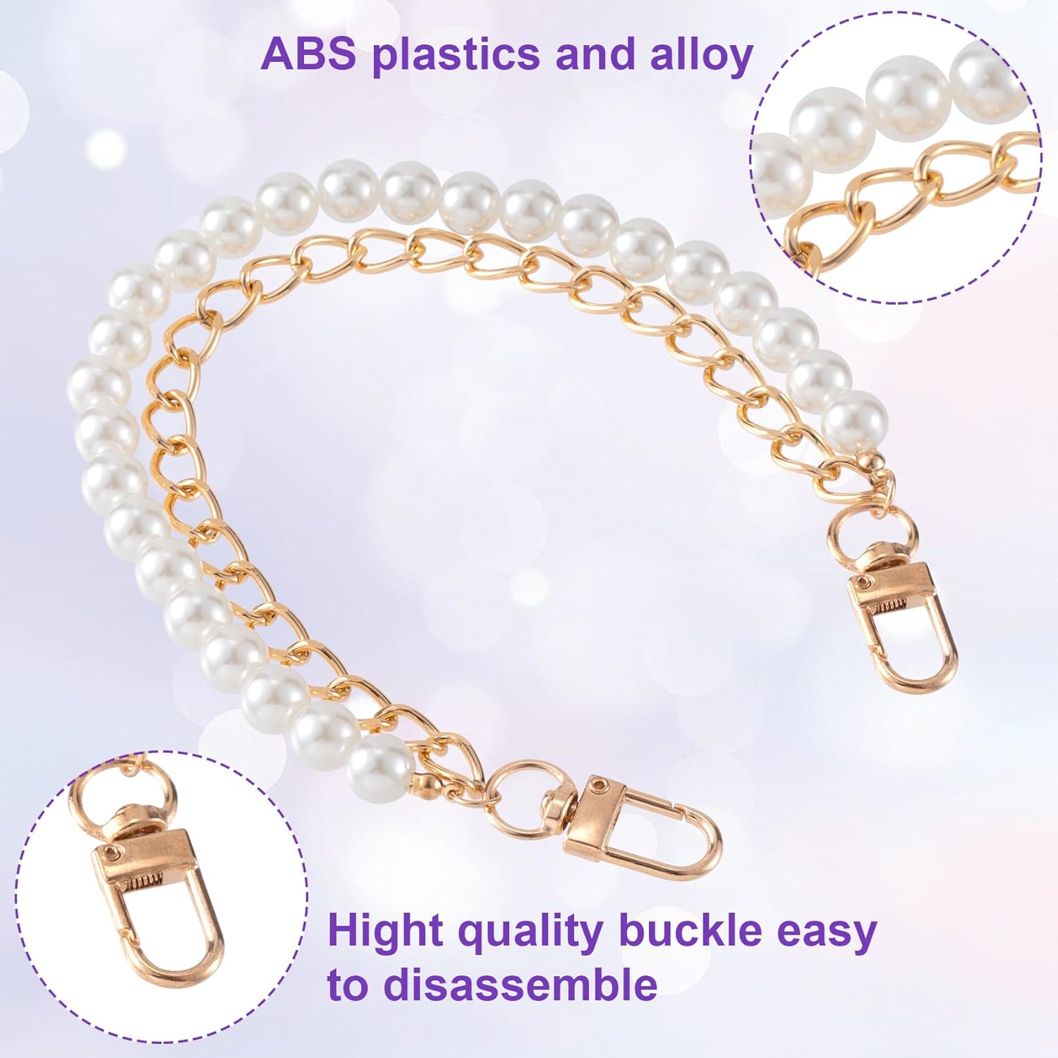 Double Layer Pearl and Metal Chain Purse Strap, Elegant Replacement Handle Chain for Handbags and Shoulder Bags