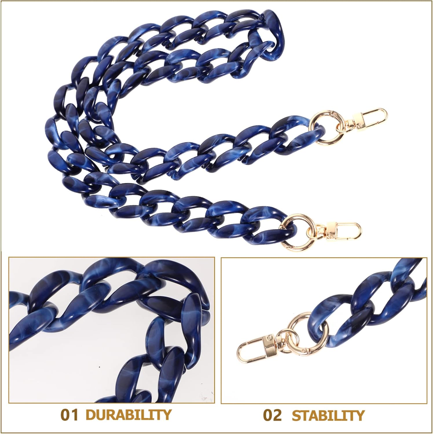 Blue Resin Purse Chain Strap, Lightweight Chunky Replacement Handle Chain with Metal Clasps, Stylish Decorative Shoulder Strap