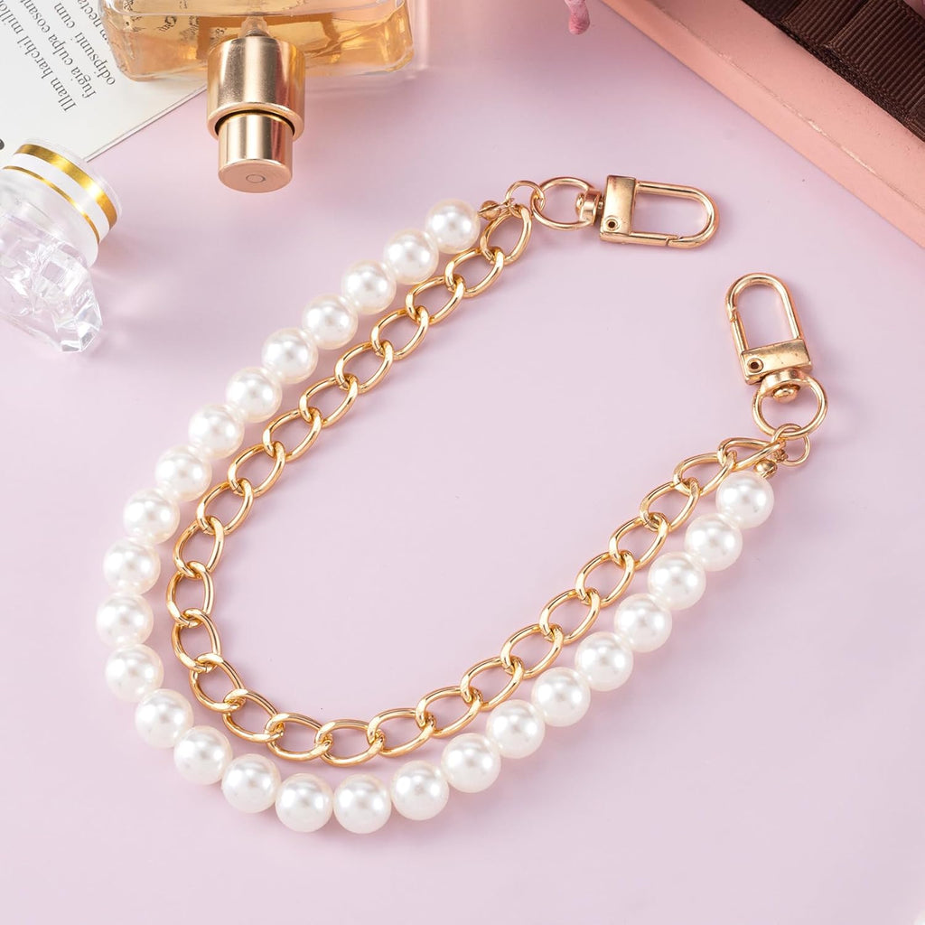 Double Layer Pearl and Metal Chain Purse Strap, Elegant Replacement Handle Chain for Handbags and Shoulder Bags