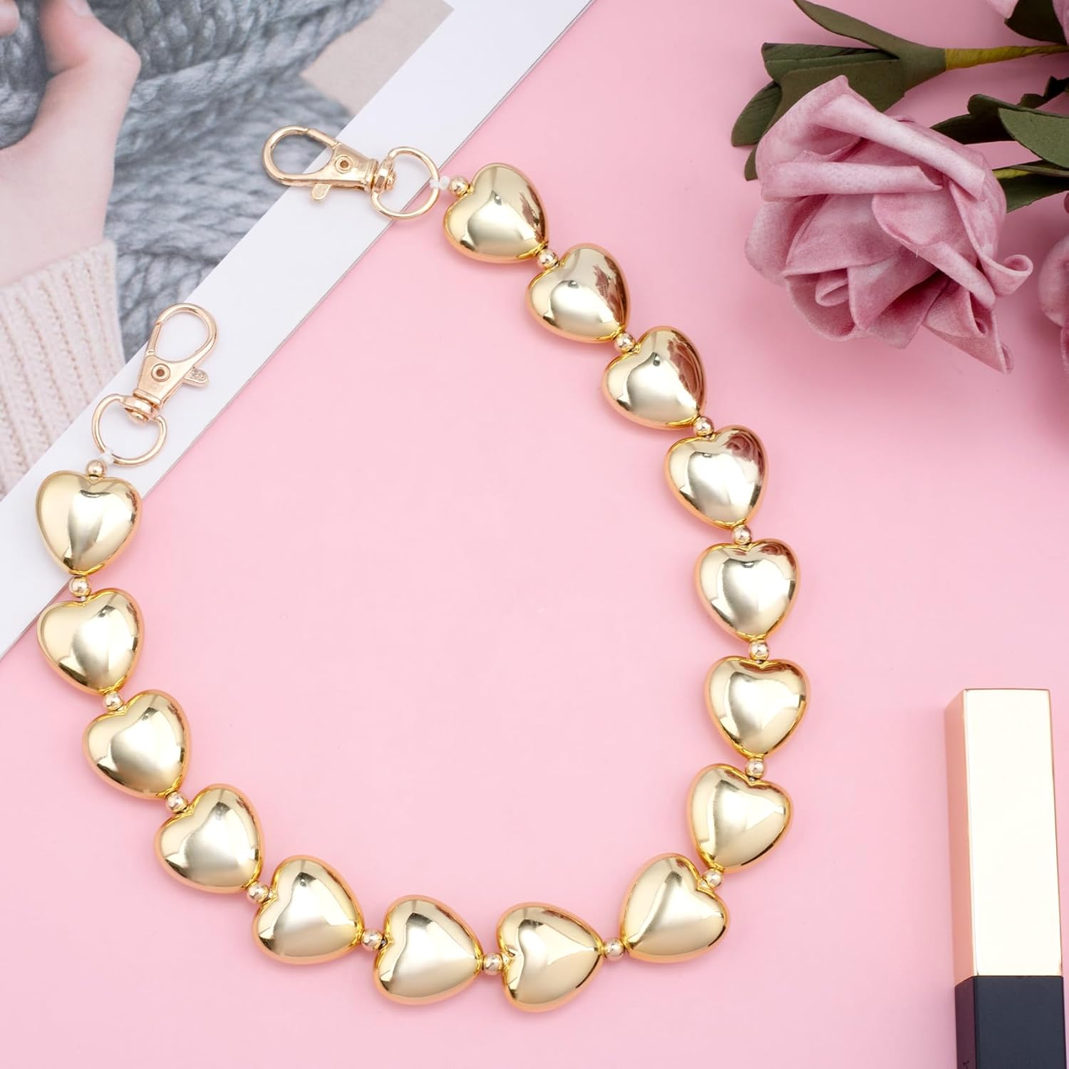 Gold Heart Bag Chain Strap for Women – ABS Plastic & Alloy Replacement Shoulder Strap, Fashion Purse Accessory