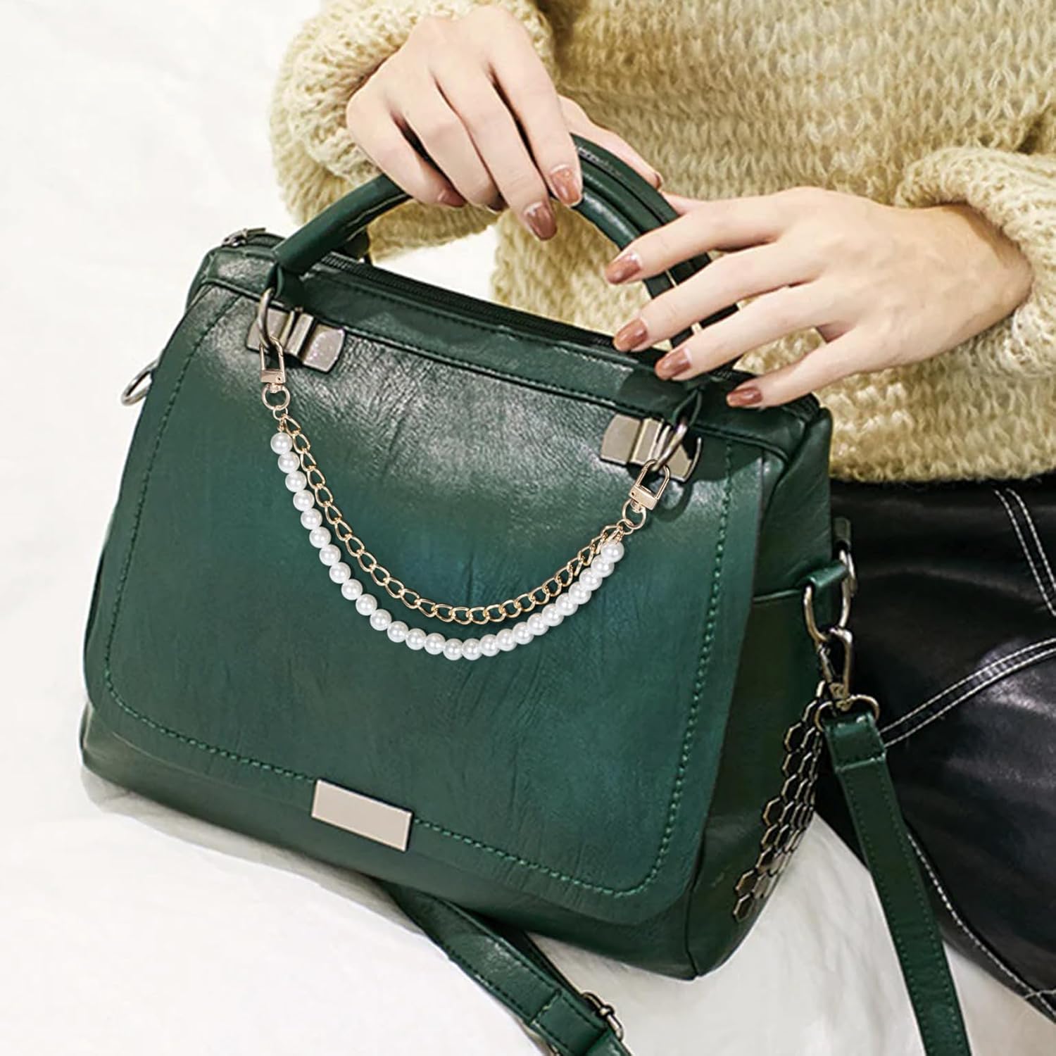 Double Layer Pearl and Metal Chain Purse Strap, Elegant Replacement Handle Chain for Handbags and Shoulder Bags